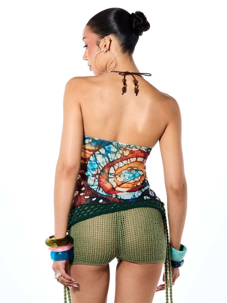 SUMWON WOMEN Top Halter Estampada com Alças de Contas e Acabamento em Renda, Decote Aberto Estilo Boho Festival