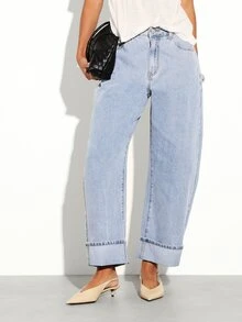 KSTM Quần jeans ống rộng, gấu quần gập, ống lửng, dáng thoải mái, thích hợp cho mùa xuân hè. - Màu xanh lam - Xem 2