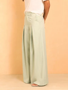 KSTM Wide Leg Pleated Trouser High Waist Flowy Palazzo Pants Spring Summer Office Brunch Business Wear Sage Green Casual Elegant - Green - View 1