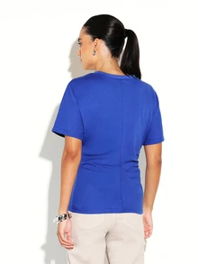 KSTM Structured Ruched Side Crew Neck Short Sleeve T-Shirt With Center Seam Detail Casual Everyday Top - Royal Blue - View 2