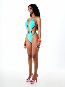 SUMWON WOMEN Traje de baño de una pieza con escote en V profundo, corte halter, recorte y detalle de anilla metálica con cierre de lazo - Verde - Ver 6