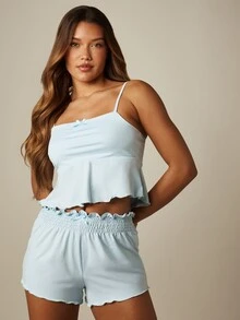 MISSGUIDED Quần ngủ ngắn cạp chun xếp ly với viền bèo nhún và chi tiết nơ, thích hợp cho đồ ngủ thoải mái. - Màu xanh lam - Xem 3