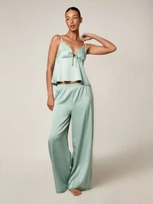 AiiRZ Satin Lace Trim Cami And Wide Leg Pyjama Set With V-Neckline Tie Detail And Elastic Waist - Green - View 1