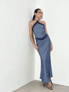 KSTM Đầm maxi satin cổ yếm với viền tương phản, lưng hở, thanh lịch, thích hợp cho buổi dạ hội trang trọng. - Màu xanh lam - Xem 6
