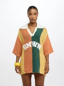 SUMWON Plus Size Oversized Crochet Knit Polo Top Color Block Varsity Logo Stripe Short Sleeve Summer Beach Cover Up - Multicolor - View 3