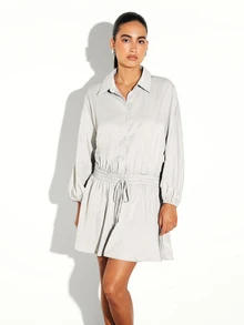 KSTM Long Sleeve Shirt Mini Dress With Smocked Waist Drawstring Button-Down Flowy Skirt Spring Summer - Green - View 6
