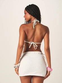 MISSGUIDED Bộ bikini tam giác buộc dây cổ kiểu Broderie Anglaise kèm váy ngắn buộc dây bên hông, thích hợp cho mùa hè đi biển. - trắng - Xem 2
