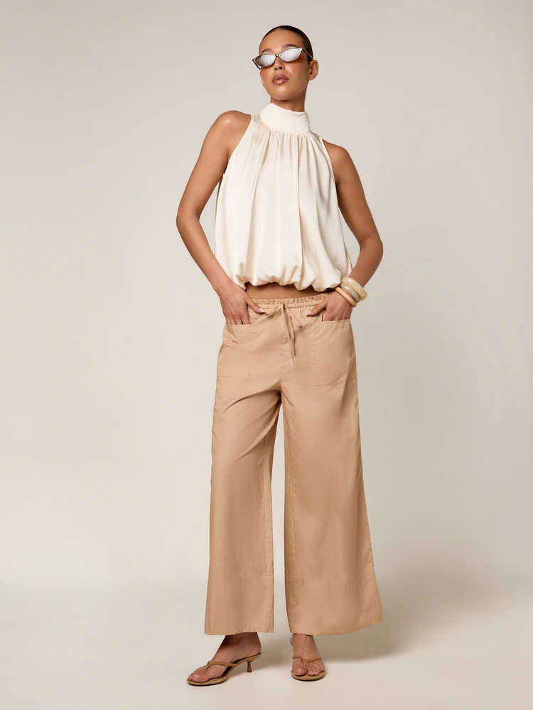 Wide Leg Trousers With Drawstring Elastic Waist
