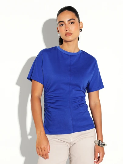 KSTM Structured Ruched Side Crew Neck Short Sleeve T-Shirt With Center Seam Detail Casual Everyday Top