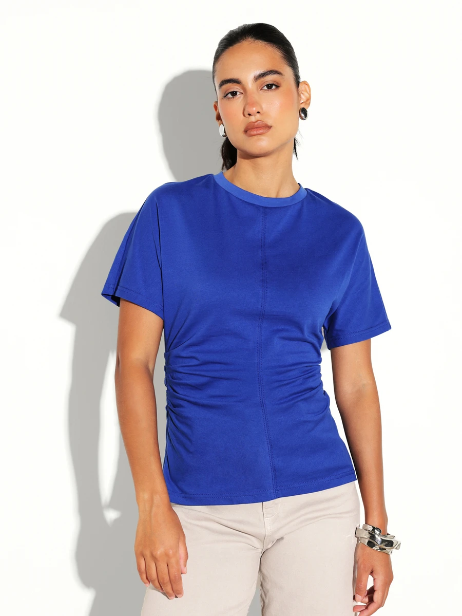 KSTM Structured Ruched Side Crew Neck Short Sleeve T-Shirt With Center Seam Detail Casual Everyday Top - Royal Blue - View 1
