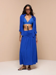 KSTM Conjunto de camisa y falda con cintura fruncida y mangas tres cuartos para verano y vacaciones en la playa - azul real - Ver 1