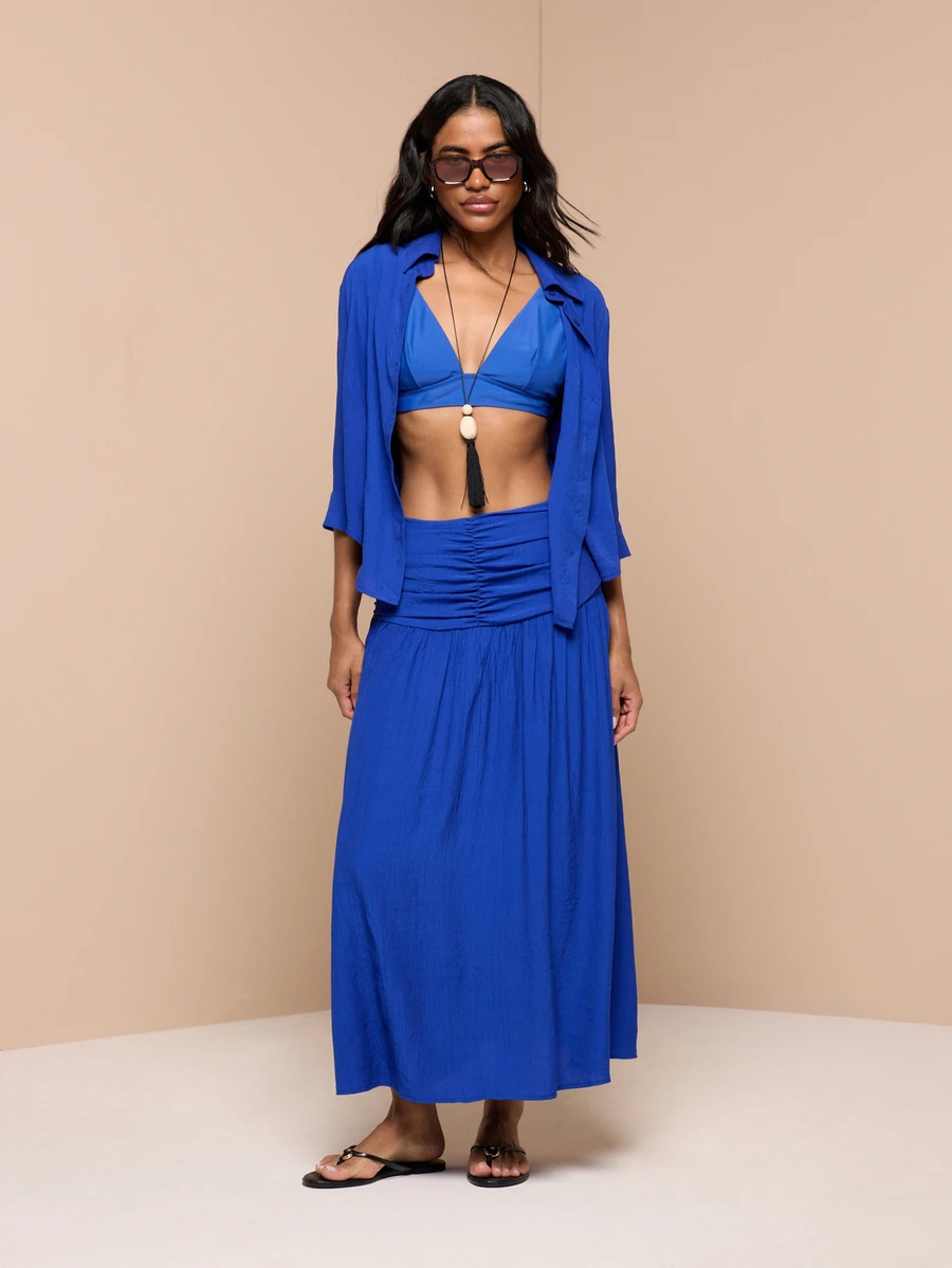 KSTM Conjunto de camisa y falda con cintura fruncida y mangas tres cuartos para verano y vacaciones en la playa - azul real - Ver 1