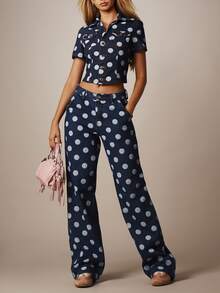 MISSGUIDED Quần jeans ống rộng không co giãn, chất liệu denim, in họa tiết chấm bi toàn thân và cạp cao. - Rửa tối - Xem 3