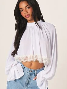 MISSGUIDED Cropped Babydoll Blouse With Lace Trim High Neck Long Bishop Sleeves Flared Cuffs Elegant Party Dinner Date Top White Summer - White - View 1