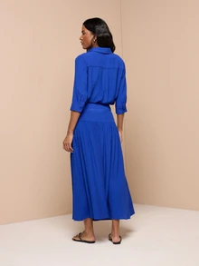 KSTM Conjunto de camisa y falda con cintura fruncida y mangas tres cuartos para verano y vacaciones en la playa - azul real - Ver 2