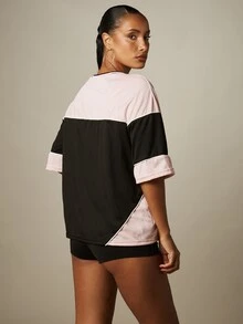 Missguided x Playboy Logo Oversized Football Jersey V-Neck Contrast Panel Color Block Short Sleeve Top, World Cup 2026 Sporty Game Streetwear Jersey Summer - Multicolor - View 2