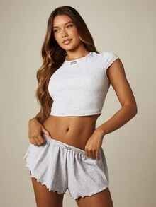 MISSGUIDED 罗纹T恤和短裤睡衣套装，荷叶边下摆和松紧腰带家居服 - 淺灰色 - 查看 1
