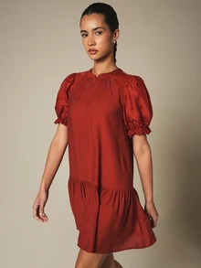 KSTM Puff Sleeve Tiered Mini Dress With Eyelet Embroidery And Front Zipper Summer Boho Elegant Babydoll Style Brunch Date Red - Red - View 6