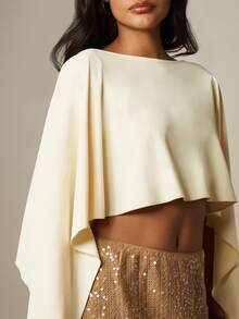 MISSGUIDED 针织风格斗篷式短款上衣，固定式露肩内衬，船形领口，飘逸袖子，适合派对和晚宴穿着。 - 杏色 - 查看 5