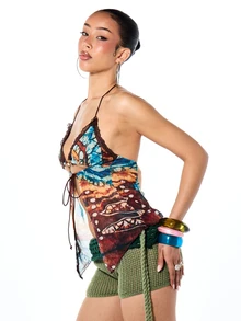 SUMWON WOMEN Áo kiểu yếm in họa tiết với dây đeo đính hạt và viền ren, kiểu dáng boho hở phía trước, thích hợp cho các lễ hội. - Nhiều màu - Xem 5