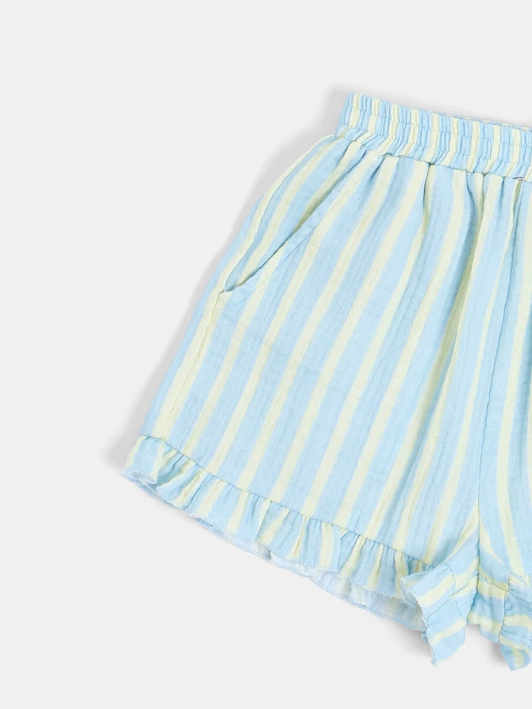 Girls Striped Love Heart Applique Crew Neck Short Sleeve T-Shirt And Ruffle Shorts Co-Ord Summer Holiday Set