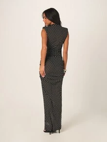 MISSGUIDED Đầm maxi chấm bi phối lưới nhún bèo cổ cao tay ngắn, thích hợp cho buổi tối và đêm đi chơi. - màu đen - Xem 2