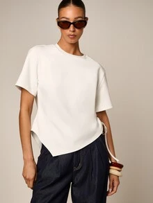 AiiRZ Ruched Side Drawstring T-Shirt With Shoulder Pads, Asymmetric Hem Crew Neck Short Sleeve Top - White - View 6