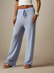 MISSGUIDED Wide Leg Knit Drawstring Trousers With Space-Dye Texture, Elastic Waist, Relaxed Fit, Summer Lounge Pants - Blue - View 3