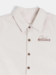 SUMWON Boys Short Sleeve Button-Up Shirt Co-Ord With Collar And Brand Logo Print Summer Casual Style - Khaki - View 3