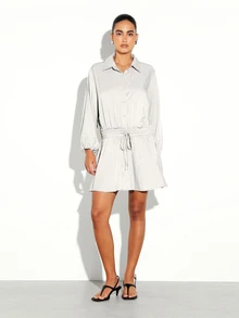 KSTM Long Sleeve Shirt Mini Dress With Smocked Waist Drawstring Button-Down Flowy Skirt Spring Summer - Green - View 3