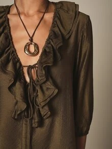 KSTM Ruffle Blouse With Deep V Neckline Lace-Up Tie Front And Three-Quarter Puff Sleeves Boho Style - Army Green - View 6