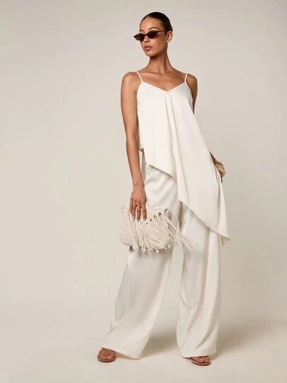 AiiRZ Satin Asymmetric Draped Cami Top And Wide Leg Trouser Co-Ord Set For Summer Occasions