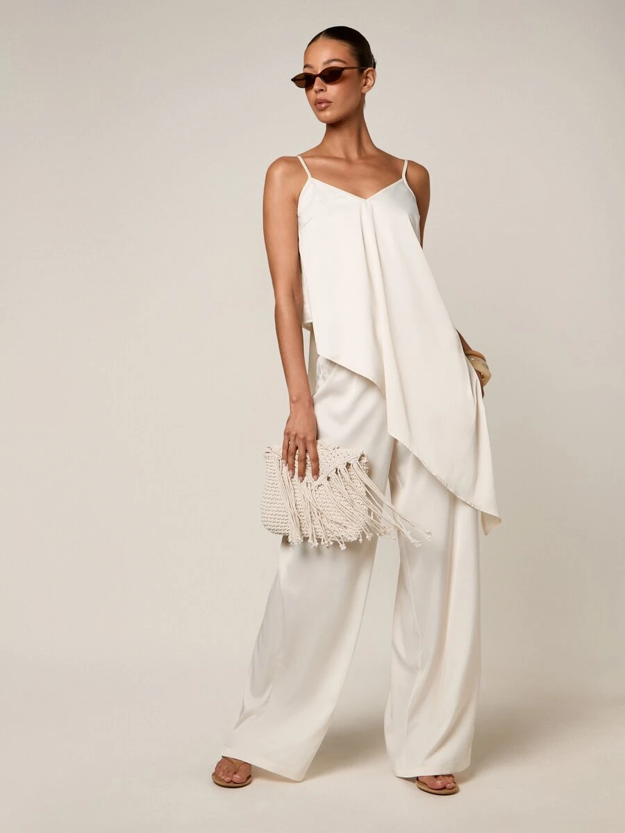 AiiRZ Satin Asymmetric Draped Cami Top And Wide Leg Trouser Co-Ord Set For Summer Occasions - Beige - View 1