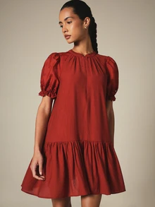 KSTM Puff Sleeve Tiered Mini Dress With Eyelet Embroidery And Front Zipper Summer Boho Elegant Babydoll Style Brunch Date Red - Red - View 1
