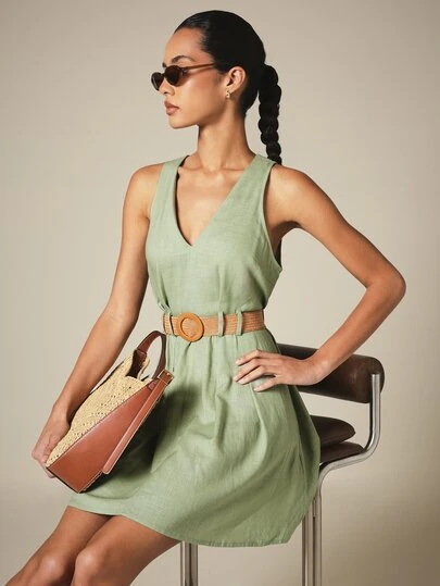KSTM V-Neck Pleated Mini Dress With Woven Belt Sleeveless Flared Skirt Summer Vacation Holiday Dress