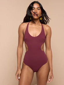 KSTM Ribbed Cut-Out One-Piece Swimsuit With Halter Neck, Crossback Straps, And Side Cutouts For Beach Party Burgundy Summer Sexy - Red - View 1