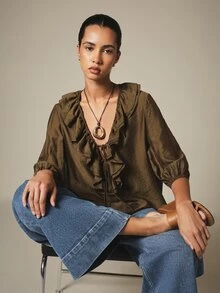 KSTM Ruffle Blouse With Deep V Neckline Lace-Up Tie Front And Three-Quarter Puff Sleeves Boho Style - Army Green - View 2