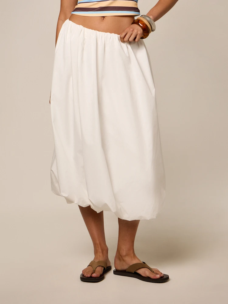 Bubble Hem Poplin Midi Skirt With Elastic Waist