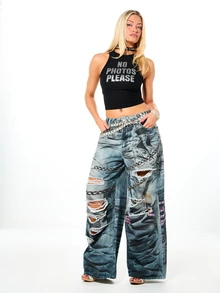 SUMWON Plus Size Ribbed Crop Tank Top With Rhinestone No Photos Please Graphic Print Halter Neck Summer Festival Style Concert Black 90s - Black - View 3
