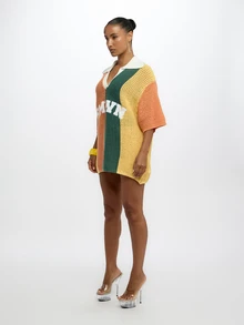 SUMWON Plus Size Oversized Crochet Knit Polo Top Color Block Varsity Logo Stripe Short Sleeve Summer Beach Cover Up - Multicolor - View 5