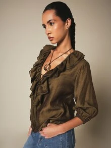 KSTM Ruffle Blouse With Deep V Neckline Lace-Up Tie Front And Three-Quarter Puff Sleeves Boho Style - Army Green - View 7