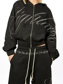 SUMWON Sudadera con capucha corta con cremallera, con detalles de alambre de púas y dobladillo elástico, con script de strass para tallas grandes - Negro - View 4