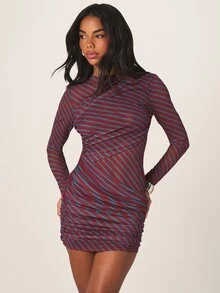 MISSGUIDED Långärmad meshklänning med diagonalrandig rynkad drapering, miniklänning, utekväll, fest, klubb, bodycon-stil - Multifärgad - Visa 5