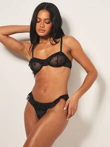 Missguided x Playboy Bộ đồ lót Bunny lưới xuyên thấu, có gọng, kiểu balconette và quần lót gợi cảm với viền bèo nhún. - màu đen - Xem 1