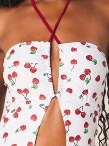 MISSGUIDED Áo tắm liền thân cổ yếm in hình quả anh đào với chi tiết khoét hở và đường cắt cao ở chân, thích hợp cho mùa hè đi biển. - Nhiều màu - Xem 4