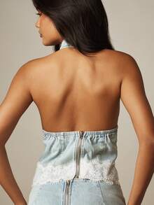 MISSGUIDED Áo croptop denim cổ yếm với cổ đổ và chi tiết ren, phong cách lễ hội mùa hè. - Màu xanh lam - Xem 2