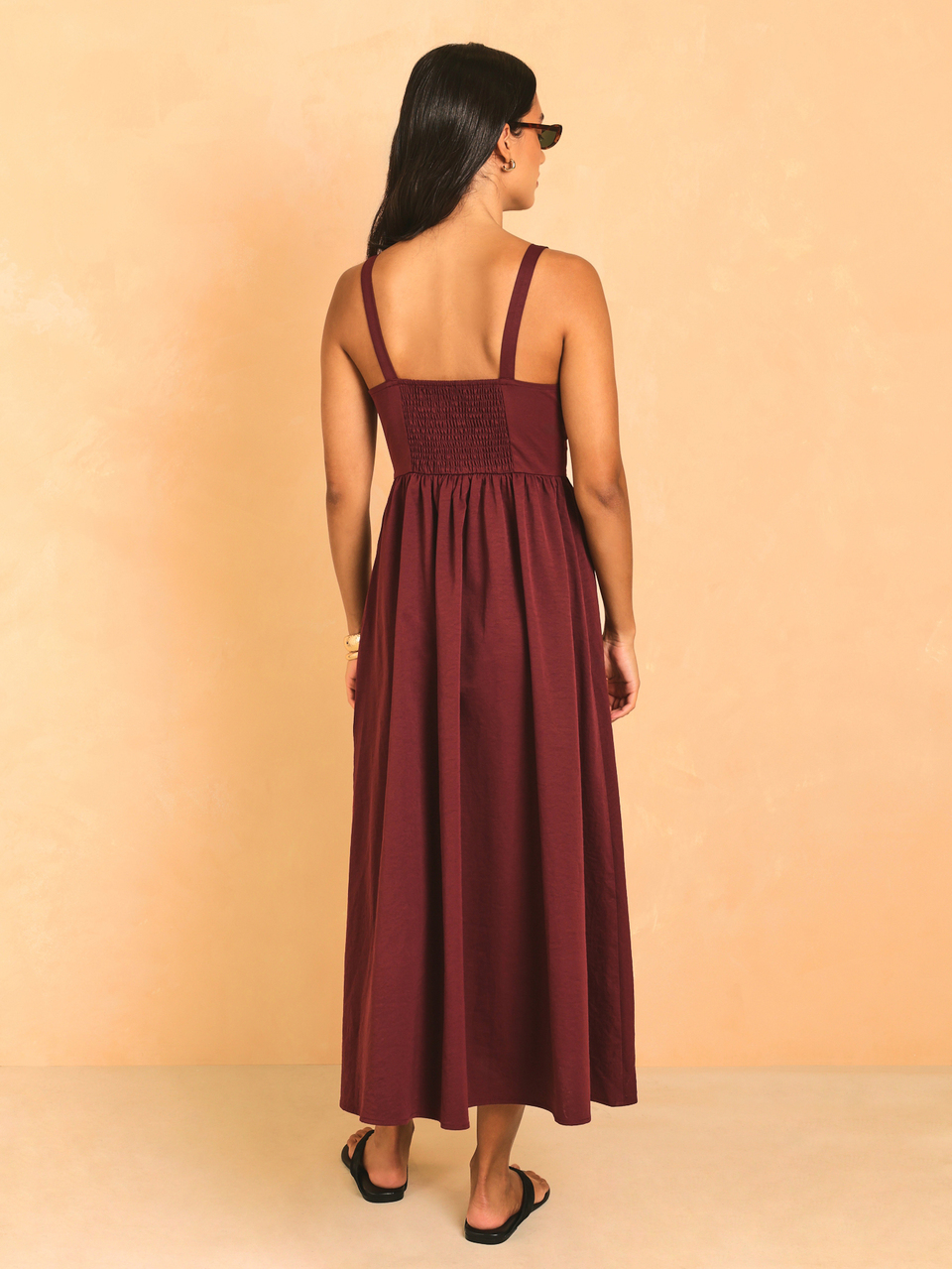 KSTM Square Neck Smocked Back Midi Dress With Gathered Skirt And Thin Straps Summer Evening