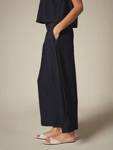 KSTM Pantalones de pierna ancha con cintura alta y pliegues en tela con sensación de lino para uso casual elegante y de oficina - Azul Marino - Ver 4