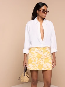 KSTM Floral Print Belted Skort Mini Skirt With Built-In Shorts Summer Vacation Holiday Style - Yellow - View 4