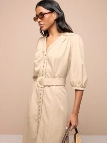 KSTM Vestido midi con botones, mangas abullonadas, detalles de trenzado y cinturón a juego en la cintura, estilo de verano - Caqui - Ver 6